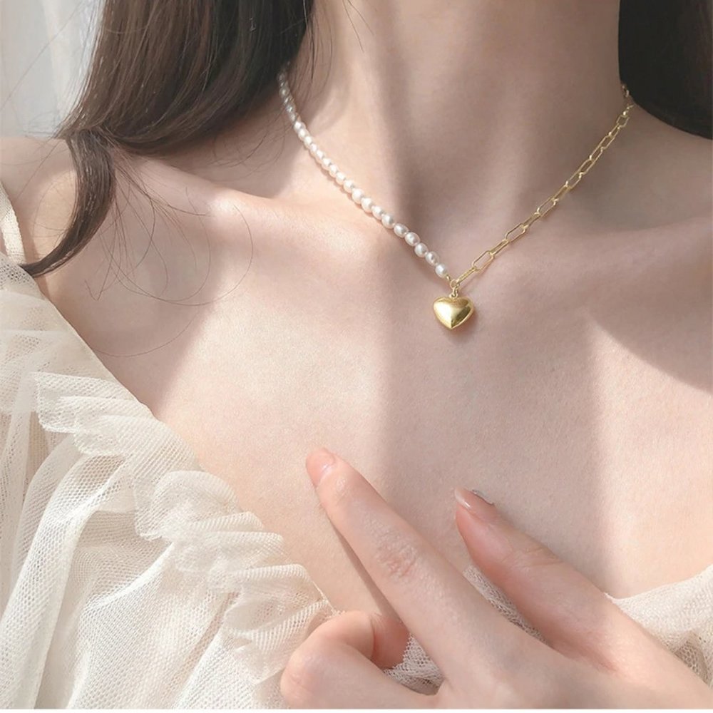 *NEW Yellow Gold Pearl Heart Link Chain Necklace - Picture 2 of 8
